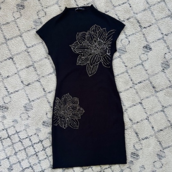 Zara Black Dress with Floral Embellishments, Sz S - Picture 1 of 4
